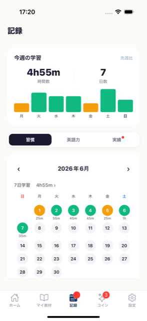 記録カレンダー・週次グラフ